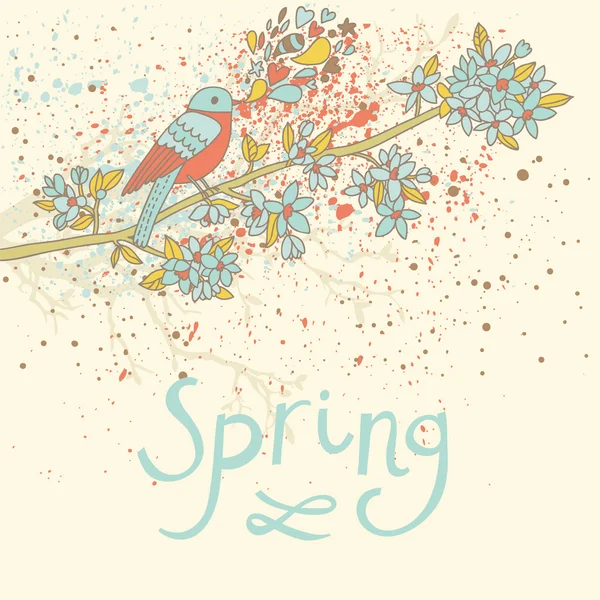 Cartão conceito Primavera em vetor. Pássaro dos desenhos animados no ramo em cores brilhantes. Bom para quaisquer convites — Vetor de Stock