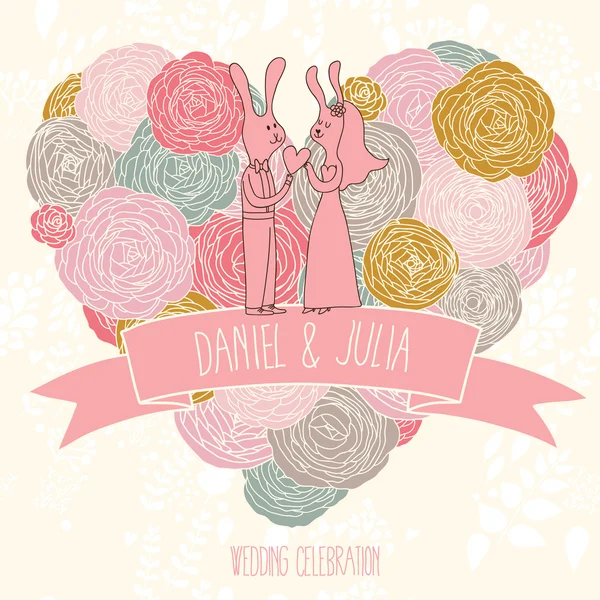 Guarda la tarjeta de fecha. Invitación de boda brillante. Lindos conejos divertidos en el corazón elegante hecho de flores en vector — Vector de stock