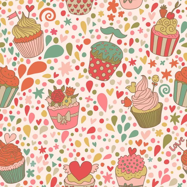 Sweet concept seamless pattern. Tasty background made of cupcakes. Seamless pattern can be used for wallpaper, pattern fills, web page backgrounds, surface textures. — Stock Vector