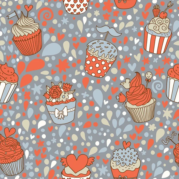 Sweet concept seamless pattern. Tasty background made of cupcakes. Seamless pattern can be used for wallpaper, pattern fills, web page backgrounds, surface textures. — Stock Vector