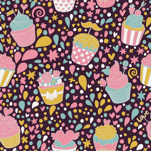 Sweet concept seamless pattern. Tasty background made of cupcakes. Seamless pattern can be used for wallpaper, pattern fills, web page backgrounds, surface textures. — Stock Vector