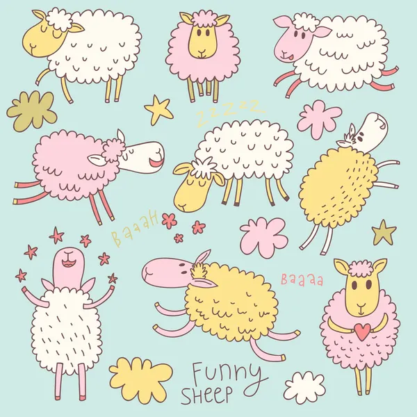 Funny cute sheep. Cartoon vector set in pastel colors. — Stock Vector