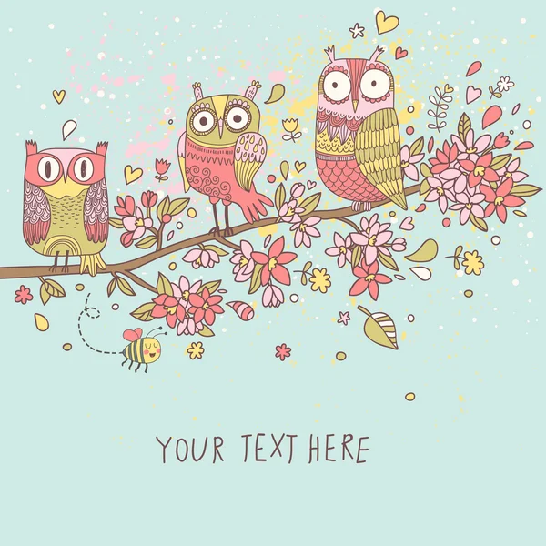 Cute owls on branch in flowers. Spring concept background. Bright illustration, can be used as invitation card. Vector summer wallpaper — Stock Vector