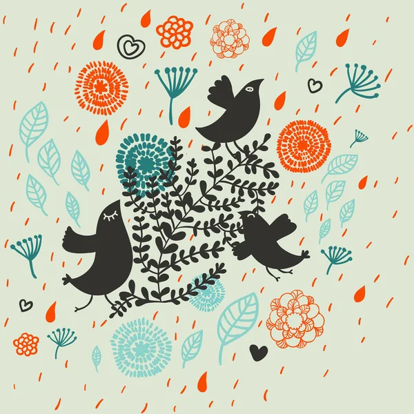 Floral achtergrond met cartoon vogels. naadloze patroon — Stockvector