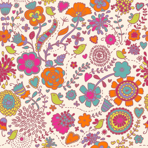 Spring vector pattern with colorful flowers and birds on it — Stock Vector