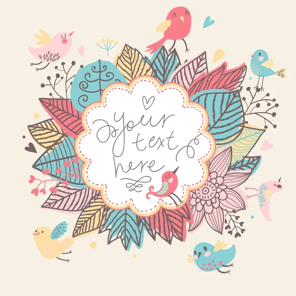 Stylish floral background with cute birds. Vintage colorful card in vector. Bright invitation — Stock Illustration Stylish floral background with cute birds. Vintage colorful card in vector. Bright invitation Vector Graphics