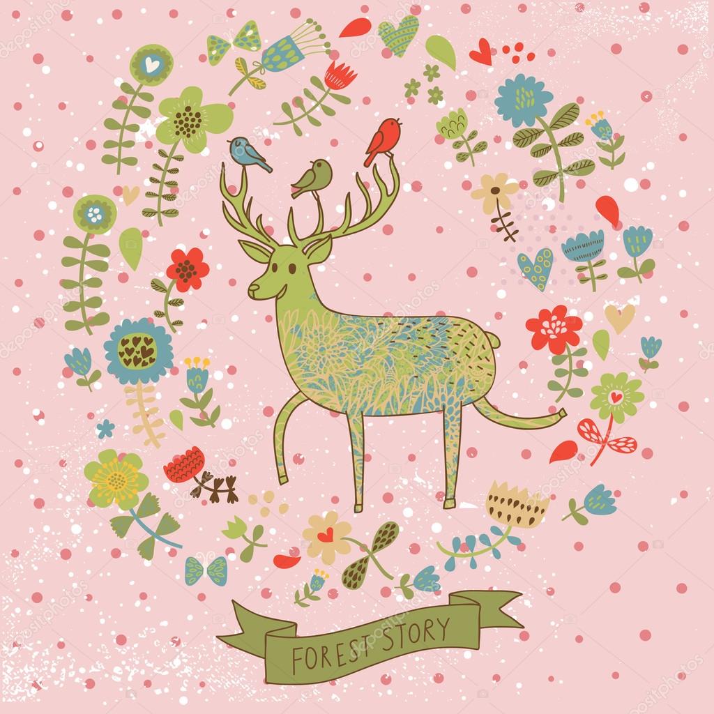 Nice floral background with cute cartoon deer. Natural wallpaper in vector Stock Vector Image by ©smilewithjul #25360169 Nice floral background with cute cartoon deer. Natural wallpaper in vector Stock Vector Image by ©smilewithjul #25360169