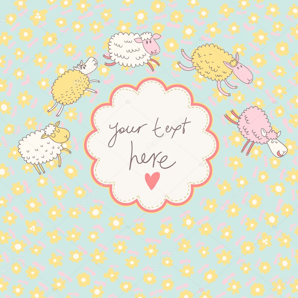 Nice vector card with cute sheep. Stylish invitation with sheep and flowers in pastel colors. Ideal for childish birthday invitation