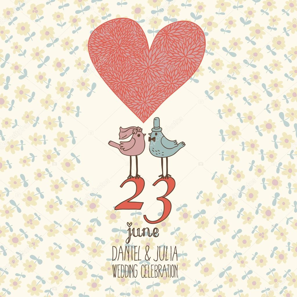 Stylish wedding invitation in vector. Cartoon save the date card. Romantic floral background with pigeons and flowers