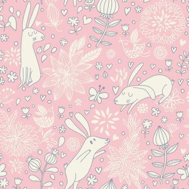 sevimli tavşanlar, kelebek ve çiçek