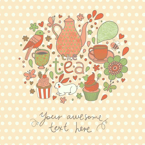 Té, tetera, tazas, cupcakes, conejo, pájaro, flores — Vector de stock