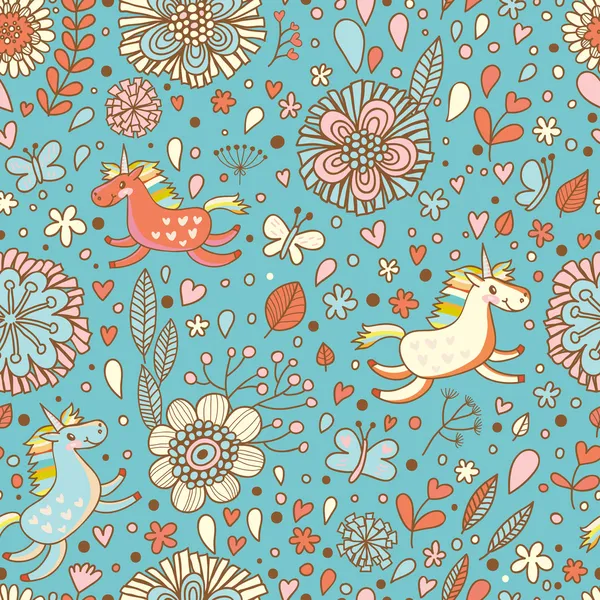 küçük gökkuşağı tek boynuzlu atları ile sevimli çiçek seamless modeli.