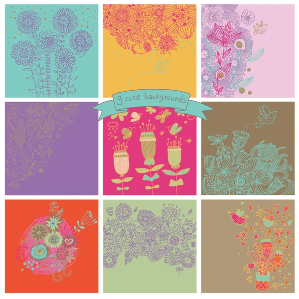 Vector set of cute nine floral backgrounds. — Stock Vector