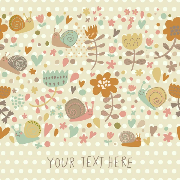 Cute floral seamless background with small snails. — Stock Vector