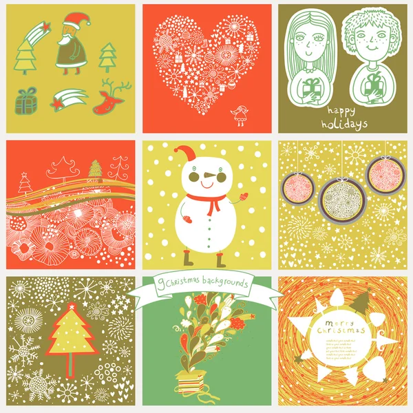 Set vettoriale infantile di nove cartoline di Natale . — Vettoriale Stock