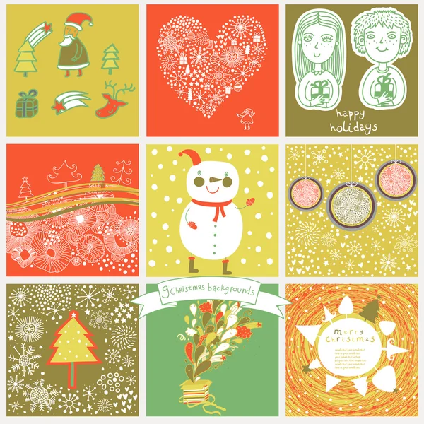 Infantil vector conjunto de nueve tarjetas de Navidad . — Vector de stock