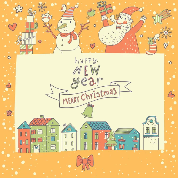 Roztomilý kreslený vánoční přání s santa a sněhulák — Stockový vektor