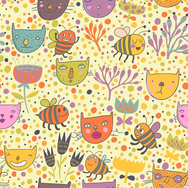 Patrón con flores, gatos, abejas en vector . — Vector de stock