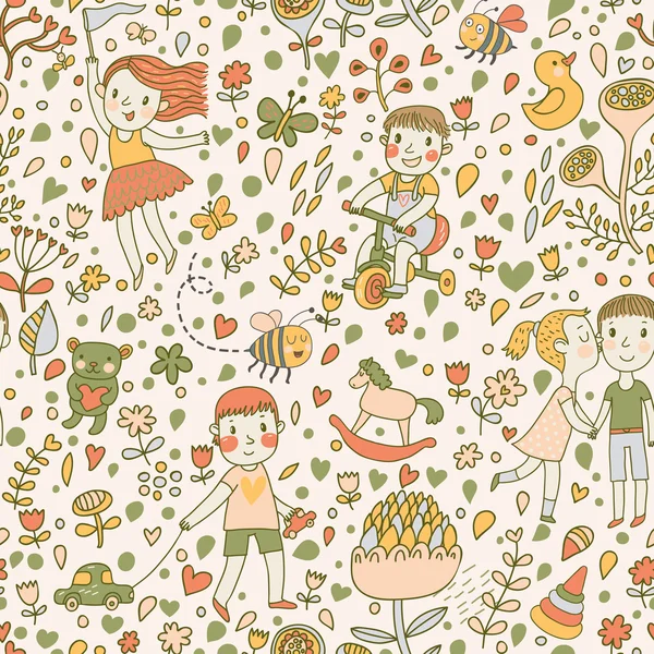 Cute seamless pattern with children in the garden. — Stock Vector