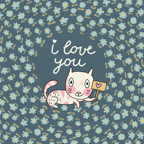 Ρομαντική floral κάρτα με χαριτωμένο γάτα. — Διανυσματικό Αρχείο