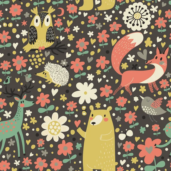 Fox, Beer, konijn, uil, slak in bomen en bloemen. — Stockvector