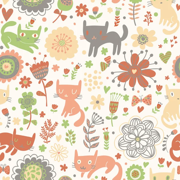 Bright seamless pattern with cats and butterflies — Stock Vector