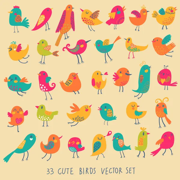 Set of 33 bright beautiful birds in vector. — Stock Vector