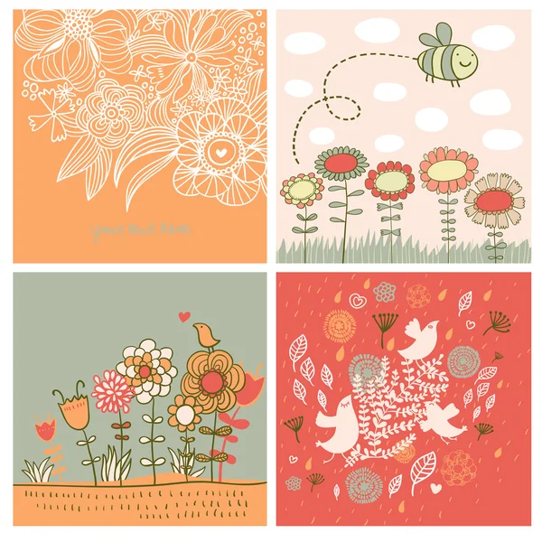 Backgrounds with flowers, birds and bee — Stock Vector