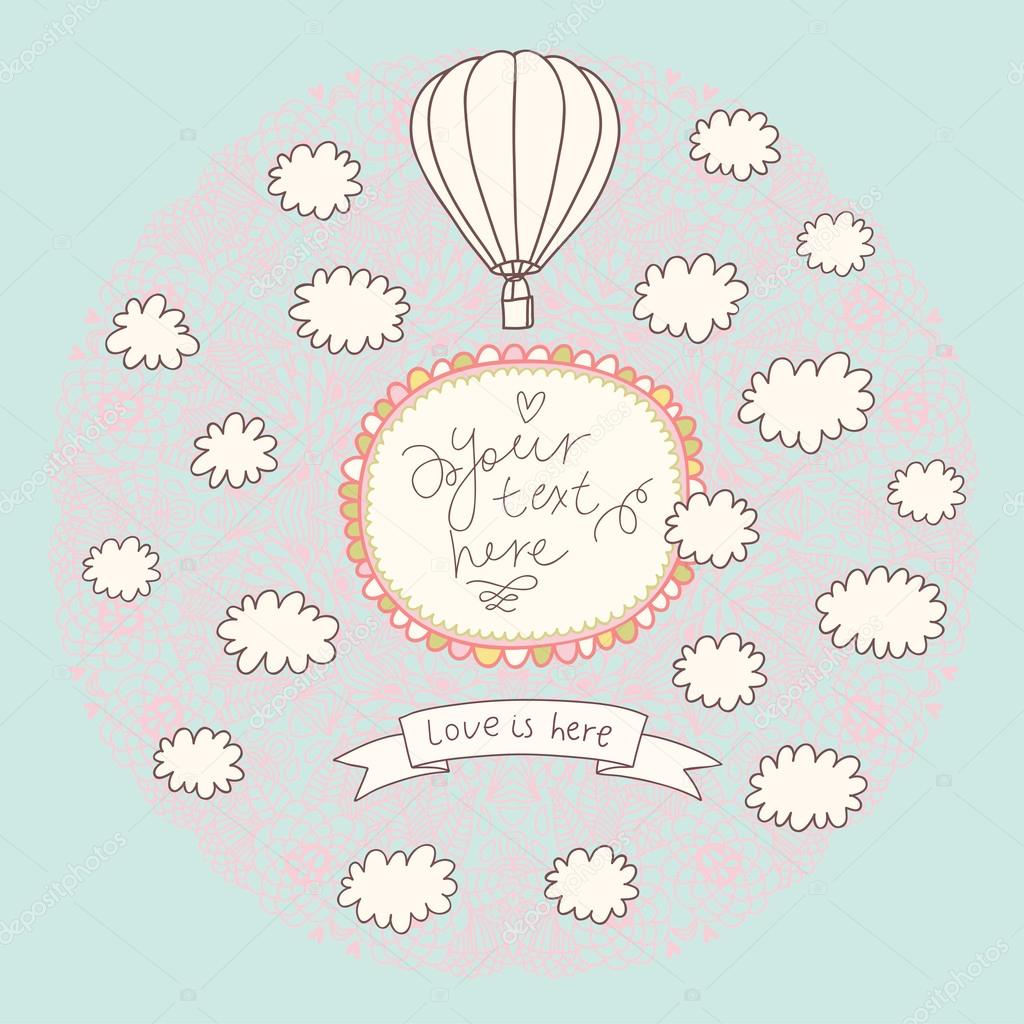 Romantic vector background with clouds and air balloon.