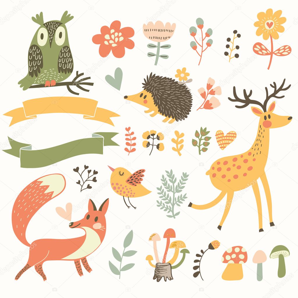 Russian forest set in vector. Deer, hedgehog, owl, bird and fox in cartoon style. Ribbons with place for your text.