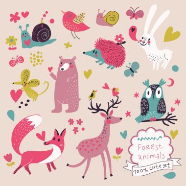 Cartoon set of cute wild animals in the forest