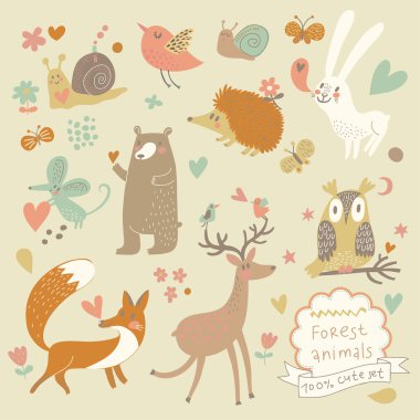 Cartoon set of cute wild animals in the forest