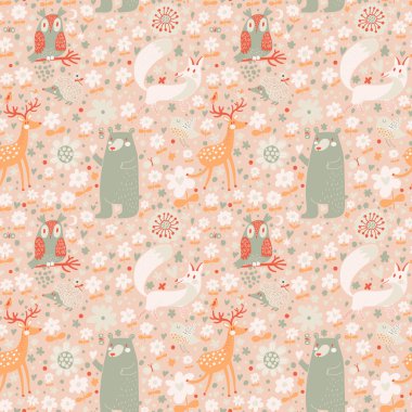 tilki, ayı, tavşan, baykuş, salyangoz ağaçlar ve çiçekler.