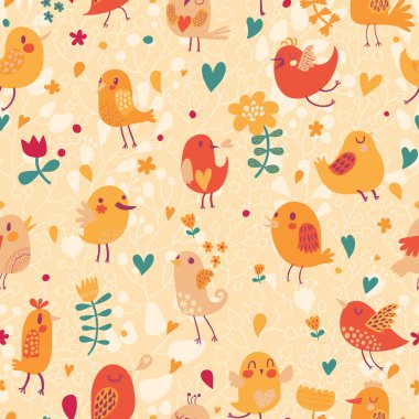 küçük kuşlar ve çiçekler ile şirin seamless modeli.