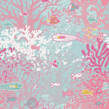 küçük balıklar ve mercan ile şirin seamless modeli.