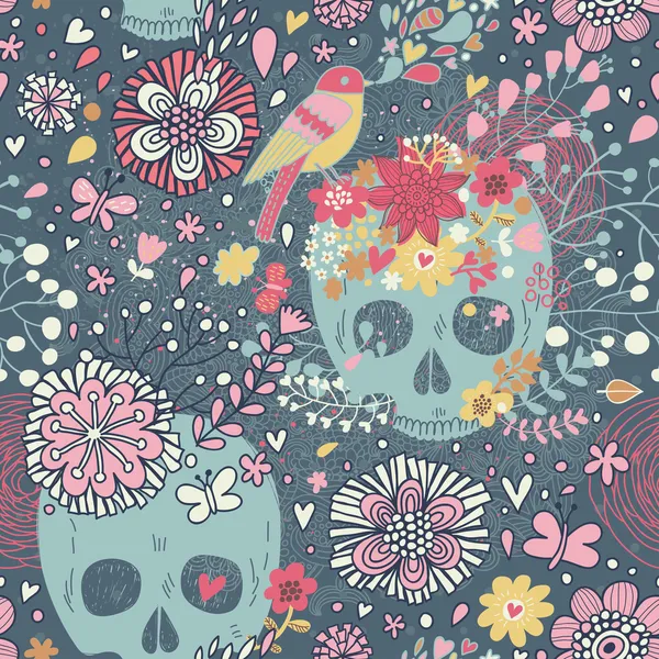 Mexicanske koncept baggrund med blomster, kranier og fugle . – Stock-vektor