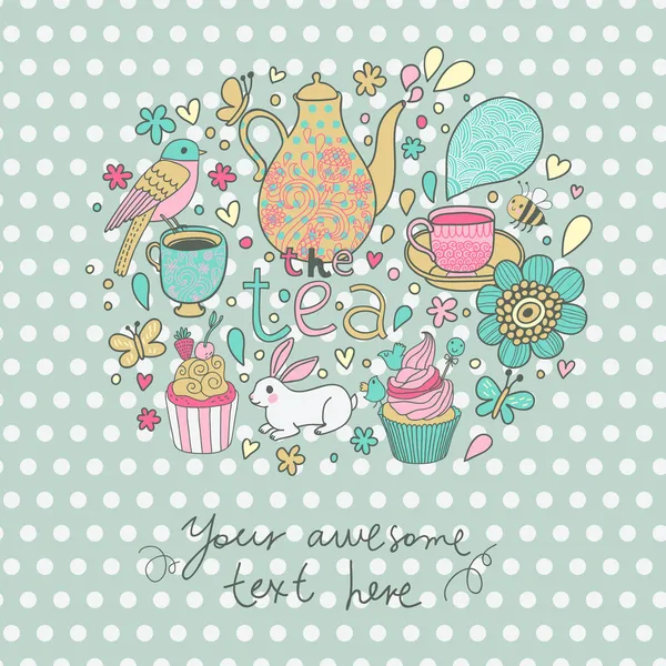 Tea, kettle, cups, cupcakes, rabbit, bird, flowers — Stock Vector