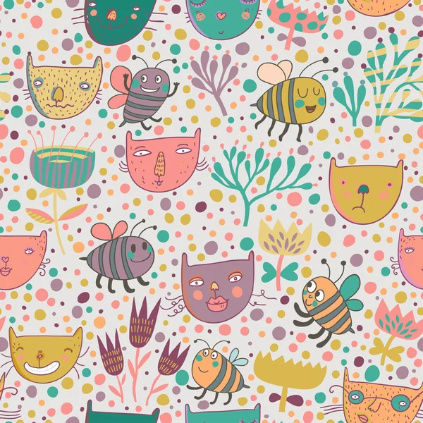 Pattern with flowers, cats, bees in vector. — Stock Vector