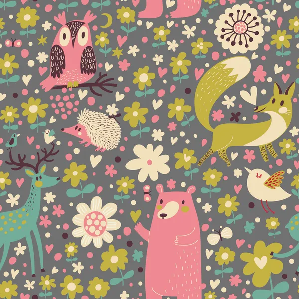 Liška, medvěd, králík, sova, šnek v stromy a květiny. — Stockový vektor