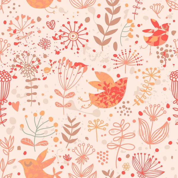 Fondo de pantalla brillante floral con pájaros lindos y flores de otoño — Vector de stock