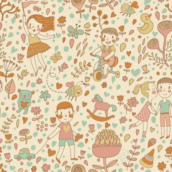 Cute seamless pattern with children in the garden. — Stock Vector