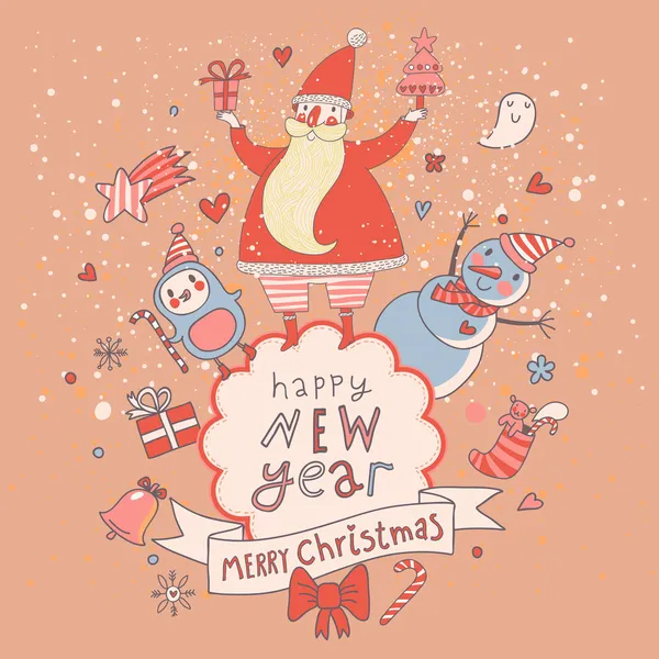 Christmas and New Year card in cartoon style. — Stock Vector