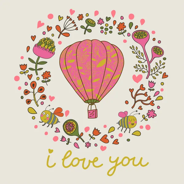 Vintage floral card with lovely air-balloon, flowers, bees. — Stock Vector