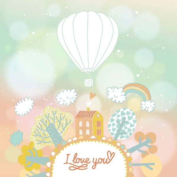 Stylish cartoon card with house, trees, clouds and balloon — Stock Vector