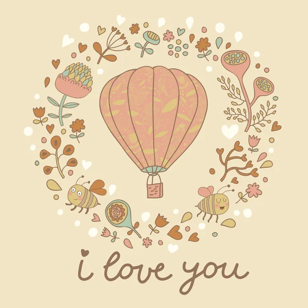 Carte florale vintage avec joli ballon à air, fleurs, abeilles . — Image vectorielle