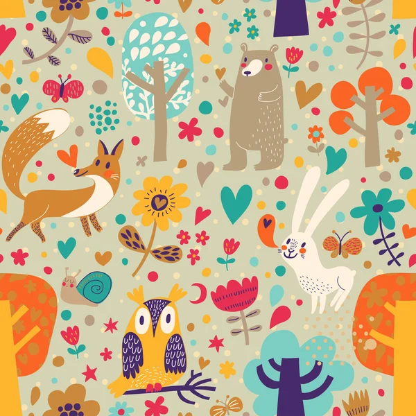 Stylish floral seamless pattern with forest animals