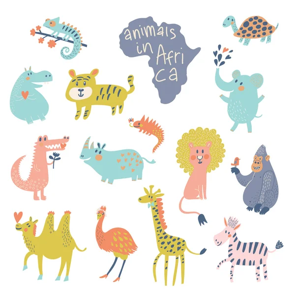 Divertidos animales de dibujos animados en colores brillantes . — Vector de stock