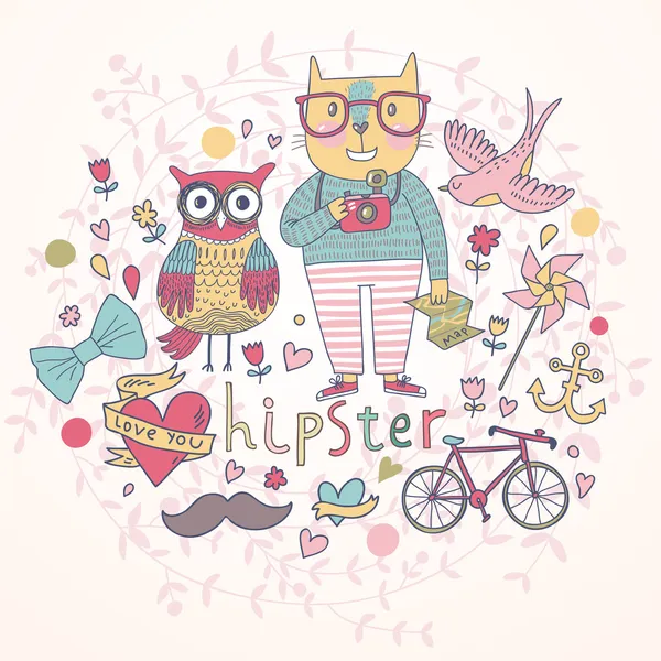 Ensemble de vecteurs Hipster en style dessin animé . — Image vectorielle