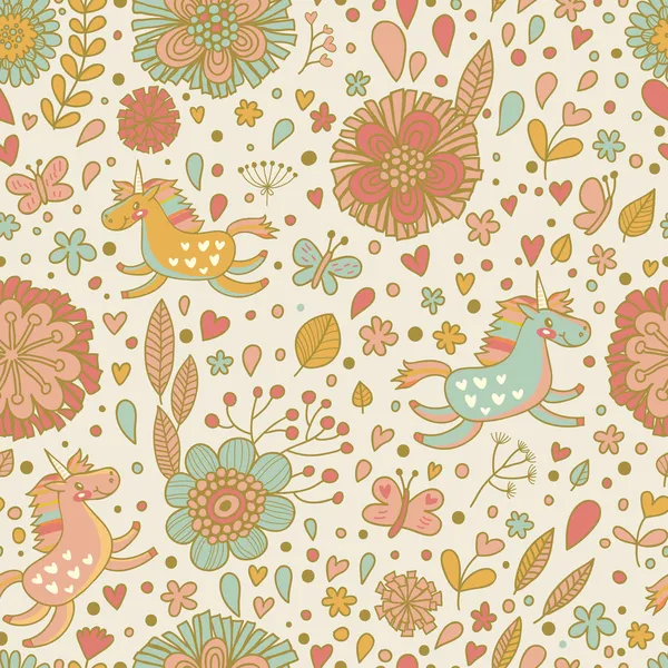 Mignon motif floral sans couture avec de petites licornes arc-en-ciel . — Image vectorielle