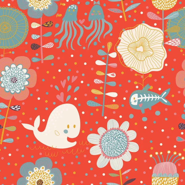 Cute floral seamless pattern with sea animals — Stock Vector